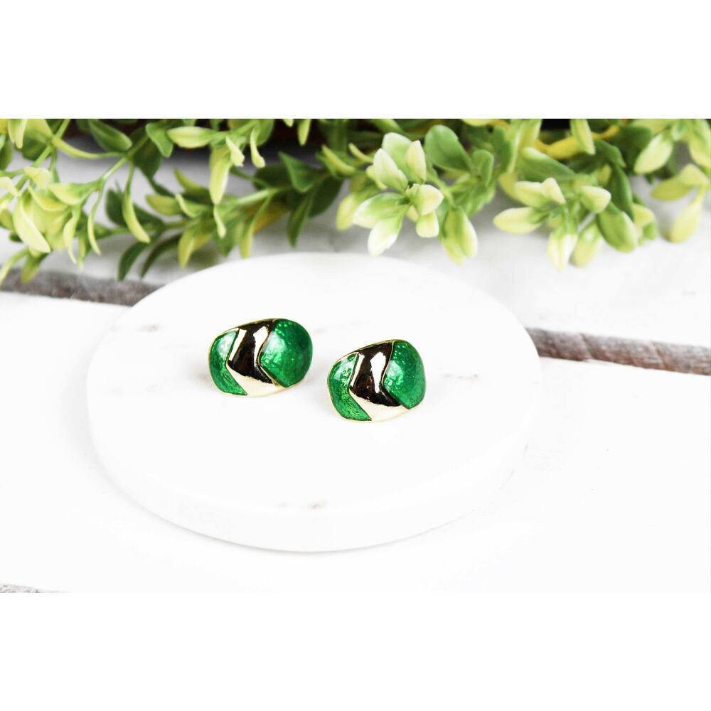 Vintage Green and Gold Button Earrings Gold Tone Studs Retro 90s